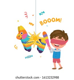 Kid have fun on their birthday. Little boy is going to break the pinata. Children's illustration for your design. Funny cartoon character. Birthday Party design.
