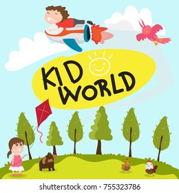 kid have fun in the playground.boy ride the rocket and girl Playing kite.happy children day. 