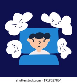 Kid have problem with sleep at night. Boy scared to sleep. Hand drawn illustration on dark background.