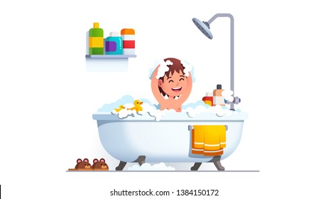 Kid having bath washing head and body all covered in suds. Boy washes himself in big bathtub with lot of shampoo foam & toy duck. Adorable smiling child in bathroom. Flat vector character illustration