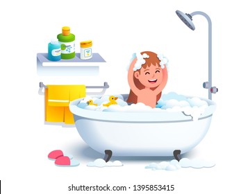 Kid having bath washing head, body all covered in suds. Girl washes herself in big bathtub with shampoo foam & toy duck. Adorable little smiling child in bathroom. Flat vector character illustration