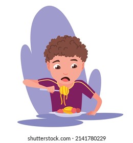 Kid having breakfast or lunch meal. Boy eating food. Children enjoy dishes. Eating habits nutrition