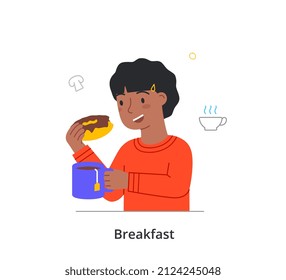 Kid having breakfast or lunch meals concept. Little girl holds mug, eats delicious chocolate donut and drinks hot tea. Delicious and healthy food. Cartoon flat vector illustration in doodle style