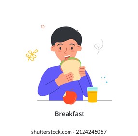 Kid having breakfast or lunch meals concept. Little hungry boy eats vegetable sandwich, fresh apple and drinks delicious orange juice. Healthy snack. Cartoon flat vector illustration in doodle style