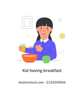 Kid having breakfast or lunch meals concept. Smiling girl eats porridge with ripe green apple and drinks orange juice. Healthy food with vitamins. Cartoon flat vector illustration in doodle style