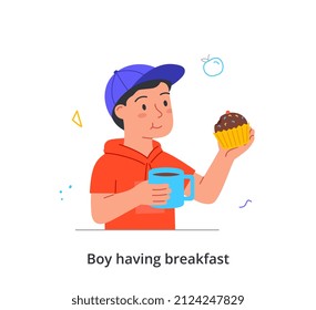 Kid having breakfast or lunch meals concept. Little boy in cap holds mug of hot tea or coffee and eats delicious chocolate cupcake. Sweet snack. Cartoon flat vector illustration in doodle style