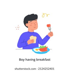 Kid having breakfast or lunch meals concept. Little hungry boy eats fried eggs, sausages, vegetables and chews bread. Delicious and healthy food. Cartoon flat vector illustration in doodle style