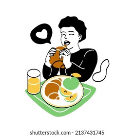 Kid having breakfast or lunch meals concept. Little boy sitting at table and eating croissant with sliced ripe apple. Delicious snack or lunch. Cartoon flat vector illustration in doodle style