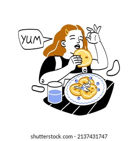 Kid having breakfast or lunch meals concept. Little girl sitting at table and eating delicious pancakes with syrup and berries. Healthy food or diet. Cartoon flat vector illustration in doodle style