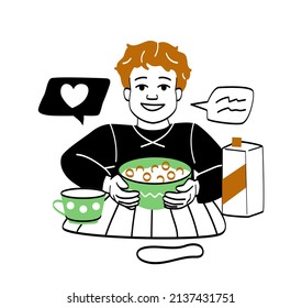 Kid having breakfast or lunch meals concept. Boy sitting at table and eating delicious cornflakes with milk for breakfast. Healthy diet for child. Cartoon flat vector illustration in doodle style