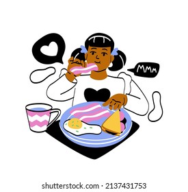 Kid having breakfast or lunch meals concept. Girl sitting at table and eating delicious scrambled eggs with bacon and sandwich. Nutritious breakfast for child. Cartoon flat vector illustration