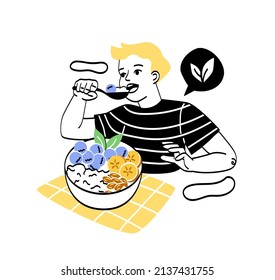 Kid having breakfast or lunch meals concept. Boy sitting at table and eating delicious porridge with berries and nuts. Vegetarianism or healthy diet. Cartoon flat vector illustration in doodle style