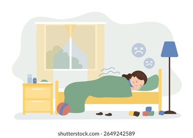 Garoto com frio e febre. Menina doente deitada na cama. Menina cansada coberta de cobertor. Criança doente suando de febre. Crianças doença e tratamento. ilustração vetor plano cartoon
