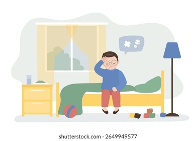 Garoto com frio e febre. Menino doente sentado na cama. Menino cansado no interior do quarto. Criança doente, doença e tratamento. desenho animado vetor plano ilustração