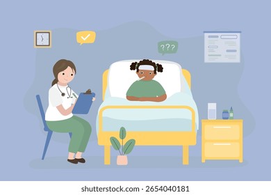 Kid having cold and fever. Sick girl in bed measuring body temperature. Pediatrician or nurse and schoolgirl in medical ward interior. Sick child, illness, treatment. First aid, medical support.
