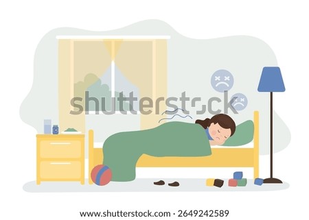 Kid having cold and fever. Sick girl lying in bed. Tired little girl covered in blanket. Sick child sweating from fever. Children illness and treatment. cartoon flat vector illustration