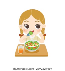 Kid having delicious food. Happy girl enjoy eating fresh salad and orange juice.