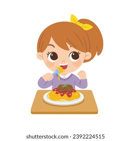 Kid having delicious food. Happy girl enjoy eating spaghetti and meat balls.