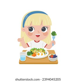 Kid having delicious food. Happy girl enjoy eating fresh salad and fruits.