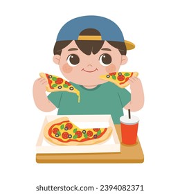 Kid having delicious food. Happy boy enjoy eating Pizza. Food and unhealthy.