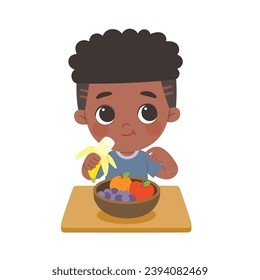 Kid having delicious food. Happy boy enjoy eating fresh fruits.