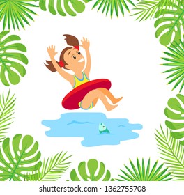 Kid having fun on summer vacation vector, child wearing lifebuoy and going down water splashes. Monstera and palm tree leaves foliage decoration frame