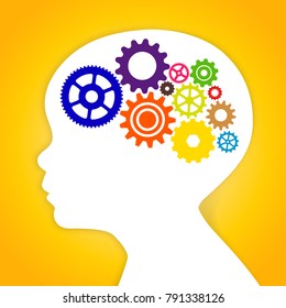 Cabeza infantil con engranajes planos coloridos del cerebro. Ilustración vectorial de un niño pequeño calibre el concepto inteligente del cerebro sobre fondo degradado amarillo.