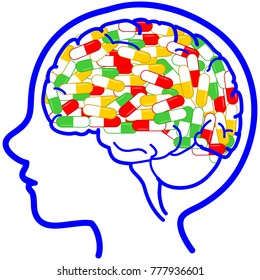 Kid head with vrain full of pills, concept vector illustration