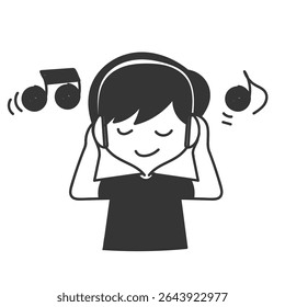 criança ouvindo música com fone de ouvido em desenho animado