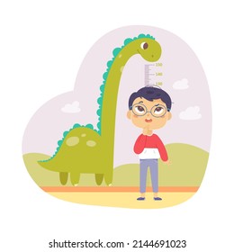 Kid height measure chart for kindergarten or home vector illustration. Cartoon boy wanting to grow to height of tall dinosaur, standing against dino and ruler for growth measurement isolated on white