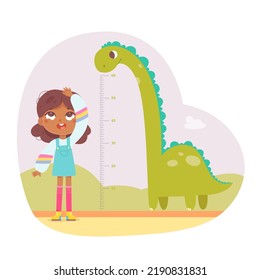 Kid height measure chart for kindergarten or home vector illustration. Cartoon black girl wanting to grow to height of tall dinosaur, standing against dino and inch ruler for growth measurement.