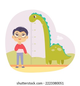 Kid height measure chart for kindergarten or home vector illustration. Cartoon boy wanting to grow to height of tall dinosaur, standing against dino and inch ruler for growth measurement.