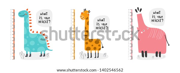 Kid height measurement, centimeter, chart with\
elephant, dinosaur, giraffe for wall, room interior. African\
animals for children