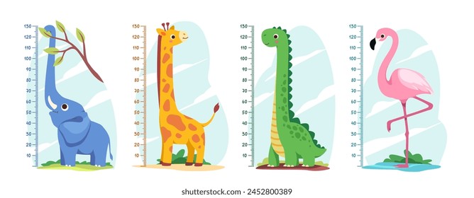 Kid height measurement. Collection of cute wall rulers with elephant, giraffe, flamingo and dinosaur. Chart with African animals. Cartoon flat vector illustration set isolated on white background