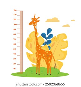 Kid height measurement. Collection of cute wall rulers with  giraffe. Chart with African animals. Cartoon flat vector illustration set isolated on white background