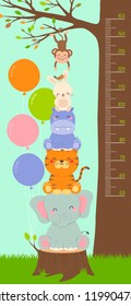 Kid height scale from 50 to 150 centimeter with cute wildlife animals cartoon illustration.
