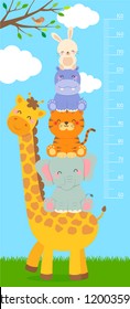 Kid height scale from 50 to 150 centimeter with cute safari animals cartoon illustration.
