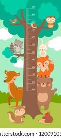 Kid height scale from 50 to 160 centimeter with cute woodland animals cartoon and big tree illustration.