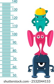 Escala de altura infantil. Medição do crescimento com monstros de desenhos animados