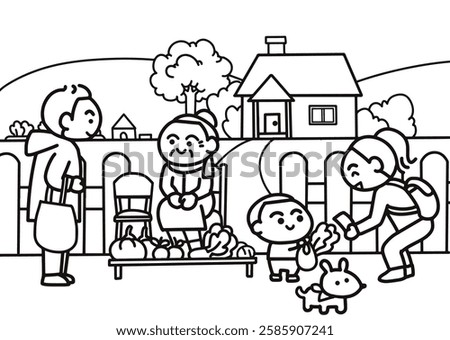 Kid help grandmother sell things coloring pages style.