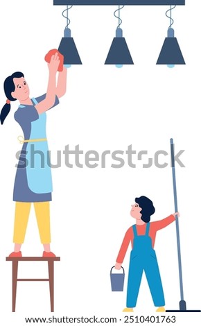 Kid help mom in house cleaning. Family housework