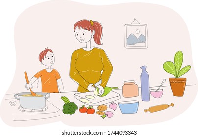 Kid help the mother cook at home in this quarantine time, A women is chopping vegetables at her kitchen with her son illustration vector