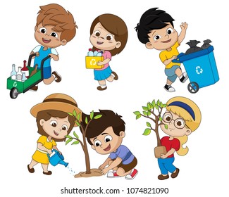 kid help save the world by collecting plastic bottles recycled, garbage drops into the bin and plant trees.vector and illustration.