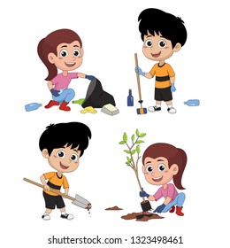 kid help save the world by collecting plastic bottles recycled, garbage drops into the bin and plant trees.vector and illustration.