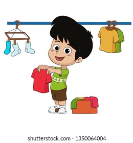 Kid help their parents wash cloths with washing machine.Vector and illustration.