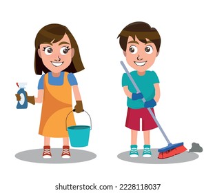 Kid helping with housework, cleaning. Portrait of child helping with housework, cleaning the house. Housekeeping, home chores.