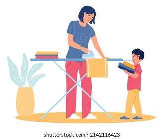 Kid helping mother with housework. People ironing clothes together