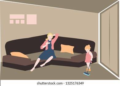 Kid helping mother tidy up, clean flat  sweeping mopping the floor. Vector colorful inside home illustration. Child do housework chores, mom drinks coffee break on sofa. Interior family flat sketch