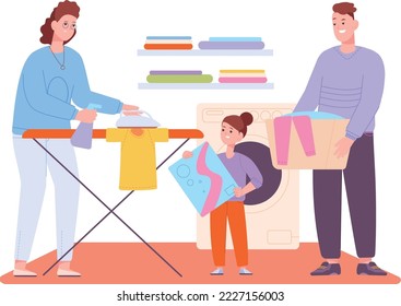 Kid helping parents with housework. Ironing clothes together isolated on white background