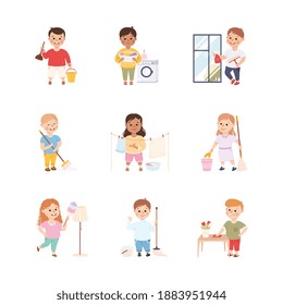 Kid Helping their Parents with Housework Set, Boys and Girls Doing Household Chores, Cleaning Window, Doing Laundry, Sweeping Floor Cartoon Style Vector Illustration